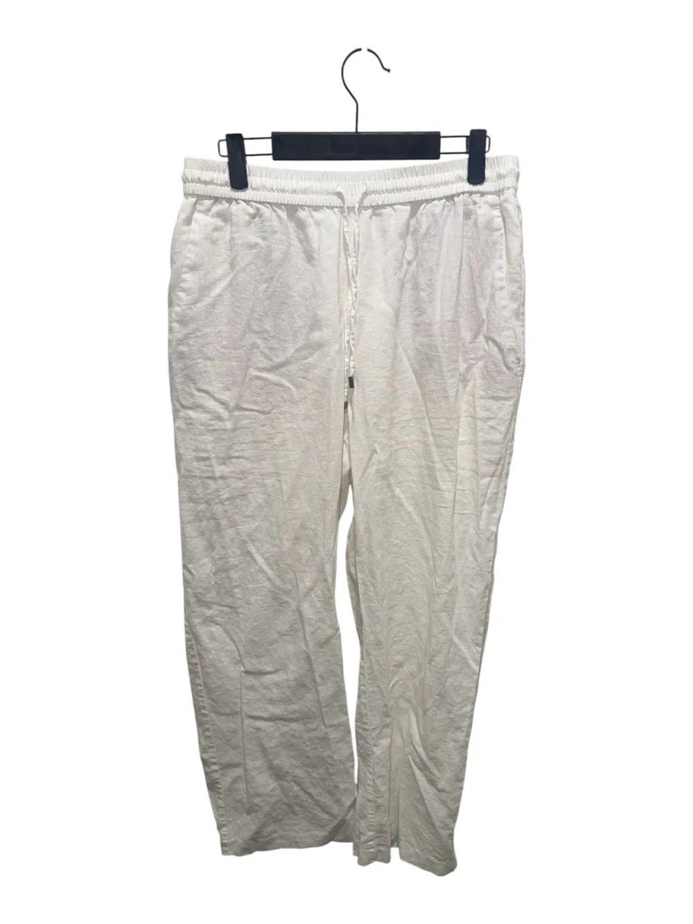 Zara White Linen Blend Wide Leg Pants Large Drawstring Pull On Resort Coastal